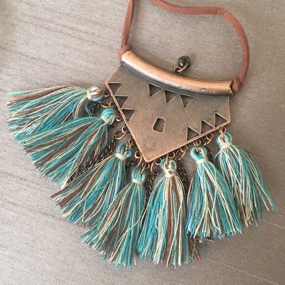 Bohemian Copper Multi Hanging Tassel Boho Leather Cord Necklace NWT - Picture 5 of 6